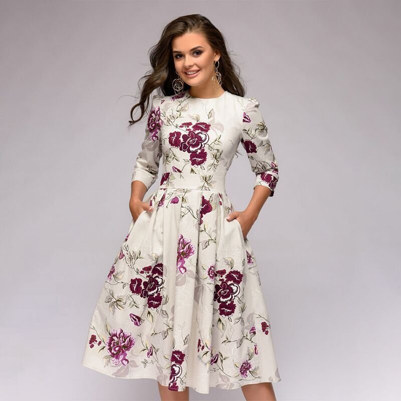 W&W Mode | Lässiges Mittellanges Kleid mit Rundhalsausschnitt Blumendruck und Taschen