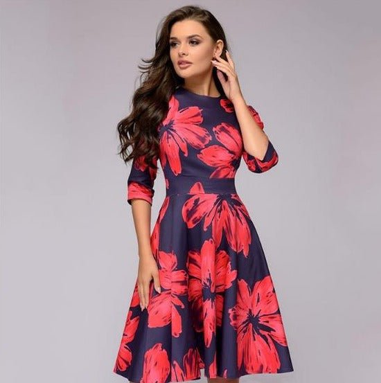 W&W Mode | Lässiges Mittellanges Kleid mit Rundhalsausschnitt Blumendruck und Taschen