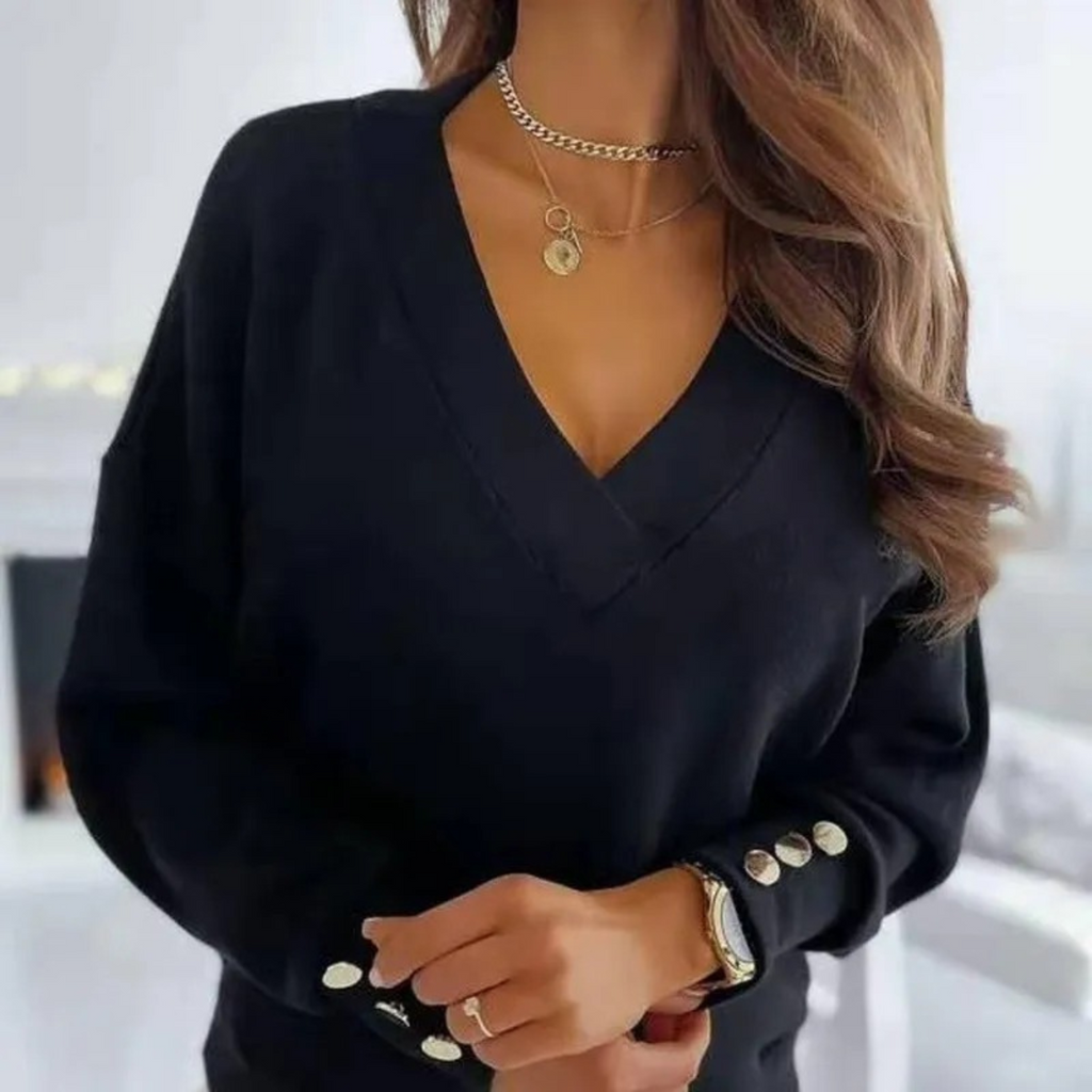 WW | Woll V-ausschnitt Mit Knopf Damen Shirt Lange Ärmel
