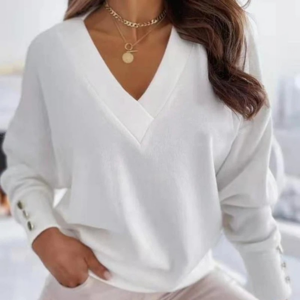 WW | Woll V-ausschnitt Mit Knopf Damen Shirt Lange Ärmel