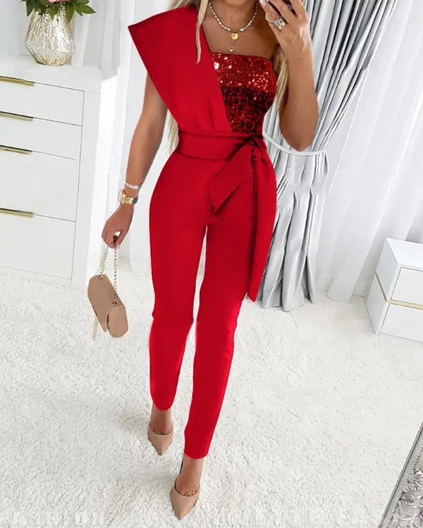 W&W Mode | One Shoulder Jumpsuit Mit Pailletten Und Taillenband