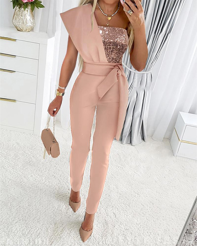 WW | One Shoulder Jumpsuit Mit Pailletten Und Taillenband