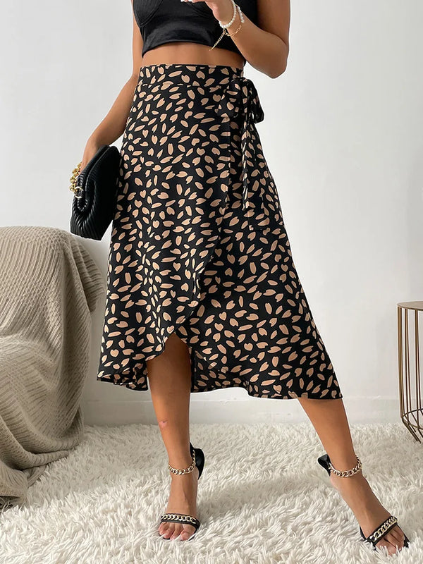 WW Asymmetrischer Rock | Moderner bedruckter A-Linien-Rock mit Bindeseite und hoher Taille für Damen