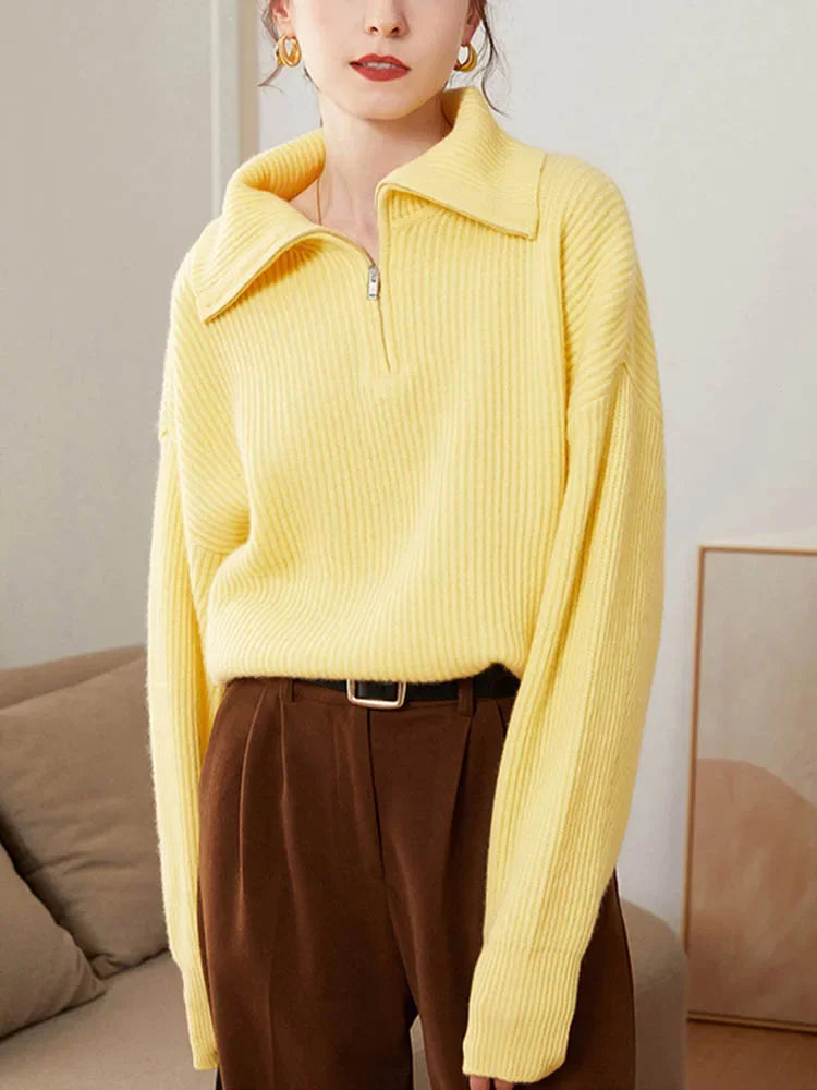 Gestreifter Turtleneck Damenpullover mit Reißverschluss