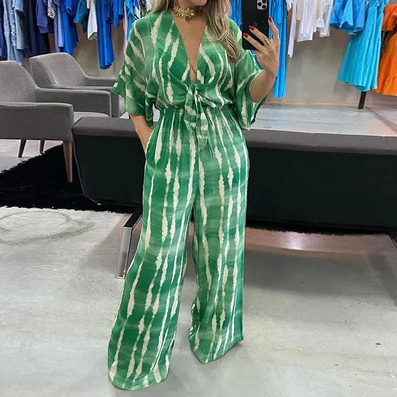 WW | Wefads Damen Jumpsuit Dolman Ärmel V-Ausschnitt Schnürung Tailliert Gedruckte Lockere Weite Beine Legere Hose Romper High Streetwear