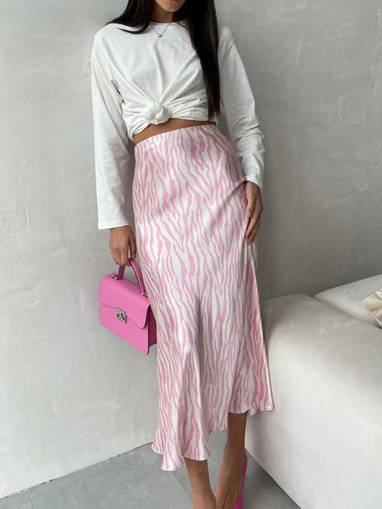 WW | Sommer Herbst Damen Elegant Midi Satin Röcke Gedruckt Hohe Taille Büro Damen Bodycon Bleistift Enger Rock für Damen