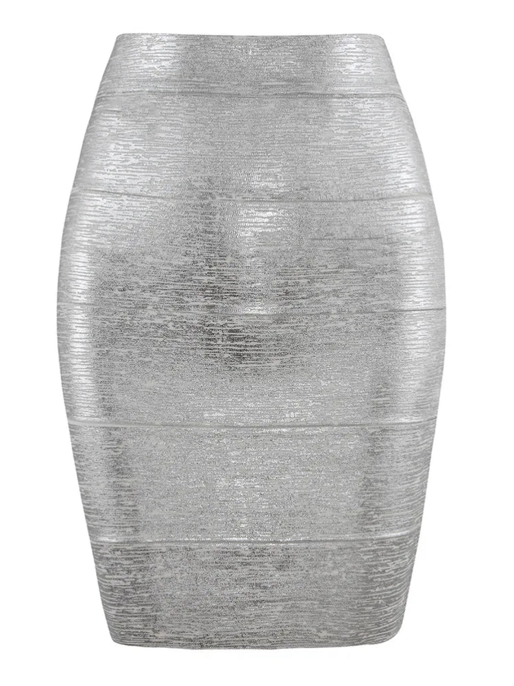 WW | Großhandel Frauen Sommermode Sexy Gold Bronze Bandage Rock Designer Nachtclub Bodycon Bleistiftrock Faldas 46Cm