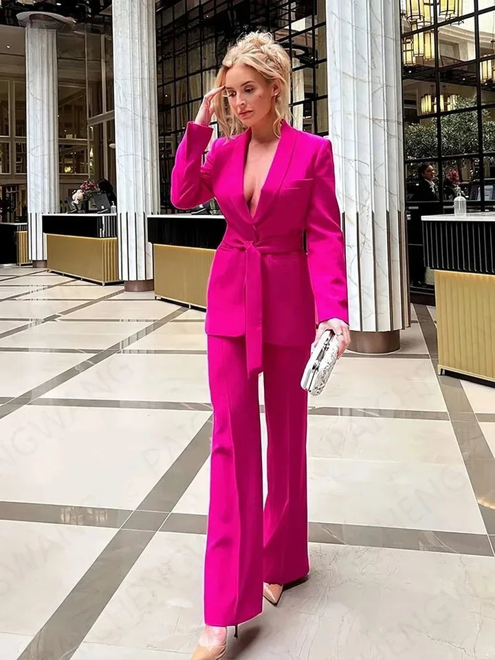 W&W Mode | Damen Freizeit Blazer Schicke Oberbekleidung Elegante Schlaghosen Langarm V-ausschnitt Gürtel Büro Pendler Anzug Satz