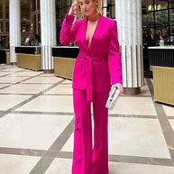 WW | Damen Freizeit Blazer Schicke Oberbekleidung Elegante Schlaghosen Langarm V-ausschnitt Gürtel Büro Pendler Anzug Satz