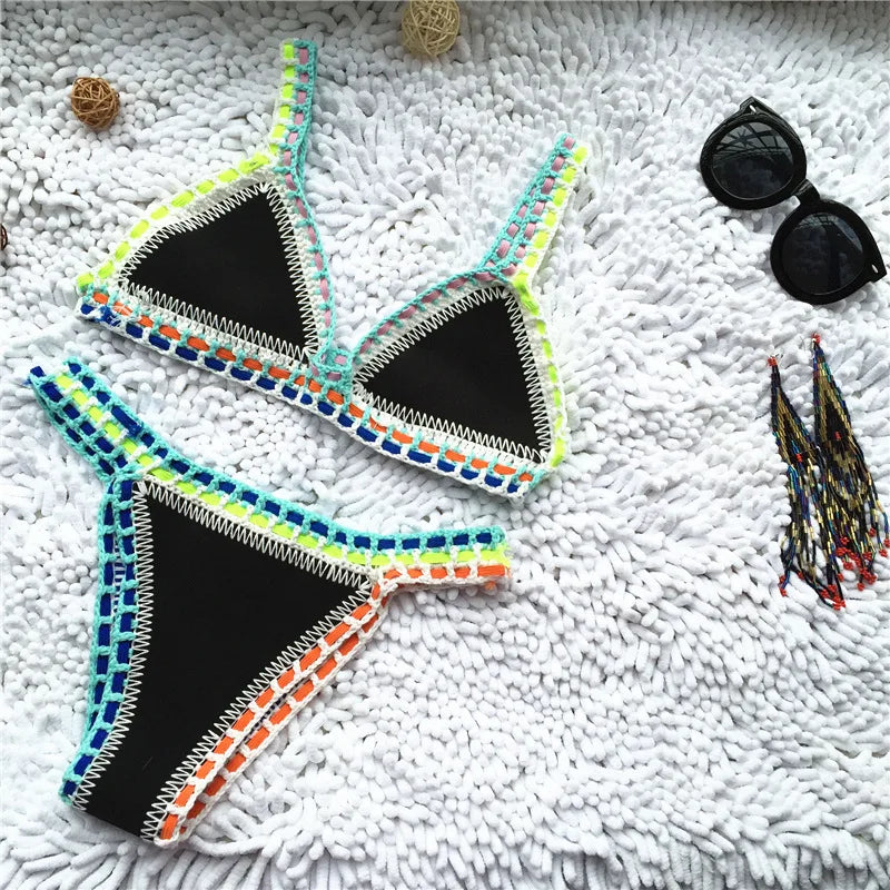 WW | Gestrickter Bikini 2 Teilig Schwimmanzug für Frauen, Sommerstrandurlaub Badebekleidung, Sexy Dreieckiger Cup V-Ausschnitt Träger-Schwimmbekleidung