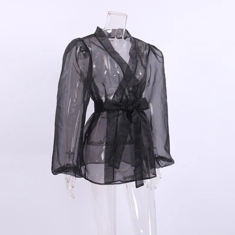 Damen Organza-Bluse mit Bindegürtel und transparentem Stoff