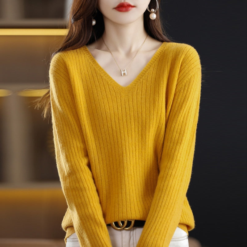W&W Mode - Strickpullover mit V-Ausschnitt - Damen Elegant Gemusterter Pullover