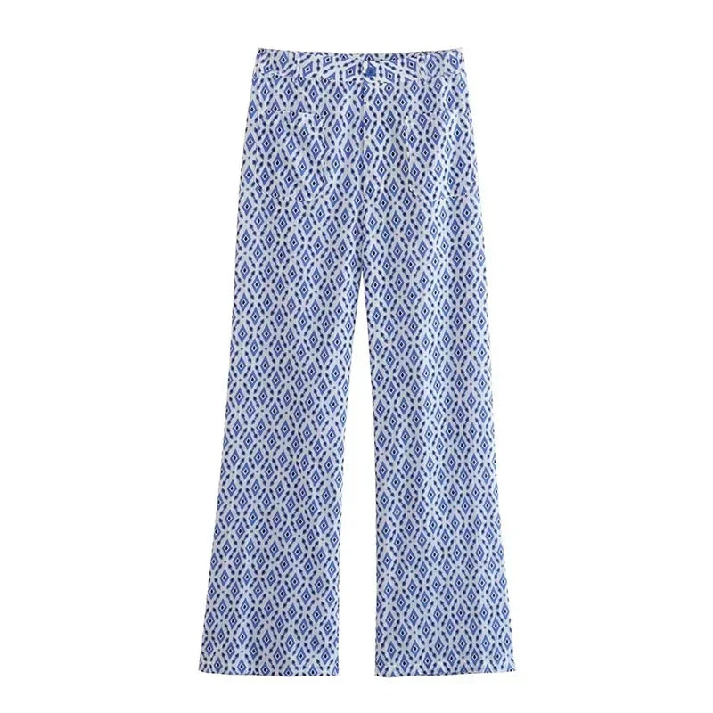 WW | Damen Tern Print Top Hose Set Mode Sommer Neu Frauen O-Ausschnitt Ohne Ärmel Schnüren Kurz Top und Hohe Taille Lange Hosen