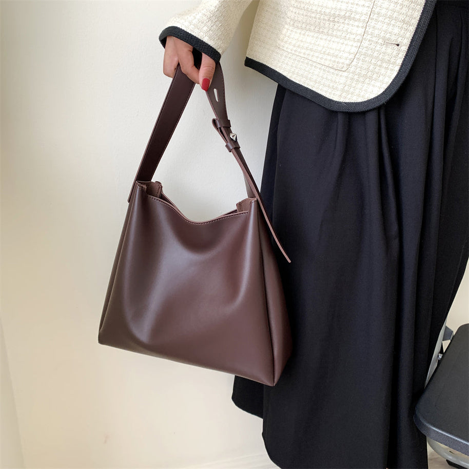 WW Hochwertige Damen Shopper Große Kapazität Schultertasche Reine Farbe Breiter Riemen Weiches PU-Leder