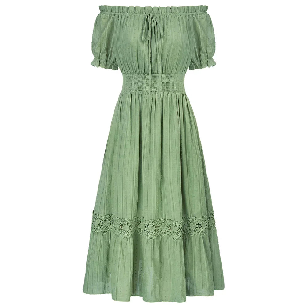 WW | Sd Frauen Renaissance Baumwolle Kleid Sommer Kurzarm Rüsche Off Shoulder Ausgestellt A-Linie Kleid Rüsche Slim Fit Mode Kleider