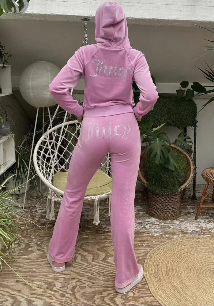 WW | Velours Trainingsanzug Frauen Langarm Hoodie Juicy Bling Shine Tops und Hose Zweiteilig Diamant Logo Druck Lässige Workout Kleidung