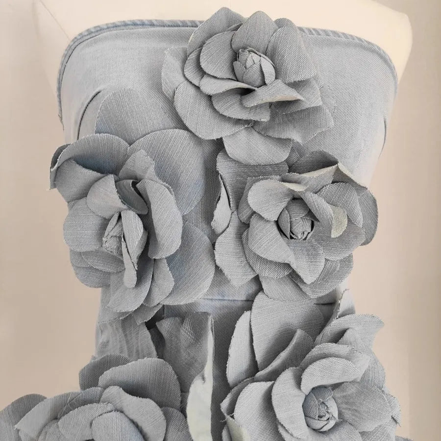 WW | Französisch Elegant Solide 3D Applikationen Blumen Patchwork Schlankmachendes Kleid für Frauen Slash Hals Ärmeloses Tunika Vestidos Damenbekleidung