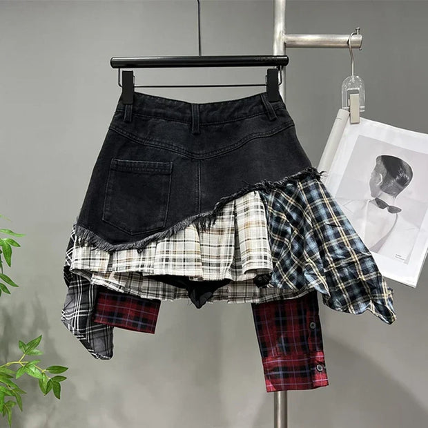 WW | Jahrgang Unregelmäßig Patchwork Kariert Röcke Denim Kurz für Frauen Hohe Taille Eingewickelt Hüfte Mini Rock Sommer Weiblich