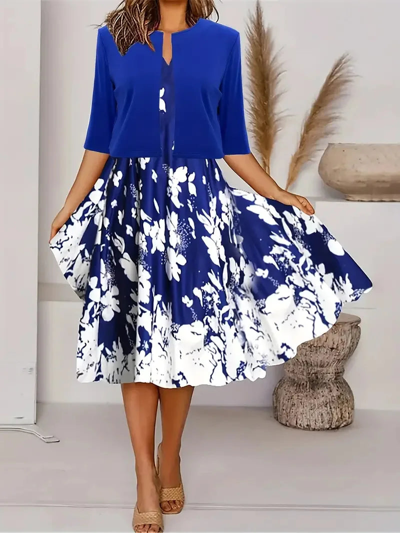 WW | Neu für Den Sommer! Eu Us Herbst Frau 2 Lang Kleid Set Blumen und Graspunkt Crew Neck Kleid mit Chiffon Kurzjacke