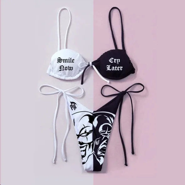 WW | Sexy Goth Bikini Frauen Buchstaben Totenkopf Druck Badeanzug Split Badeanzug Hohe Taille Gotische Bikini Set Strandoutfits