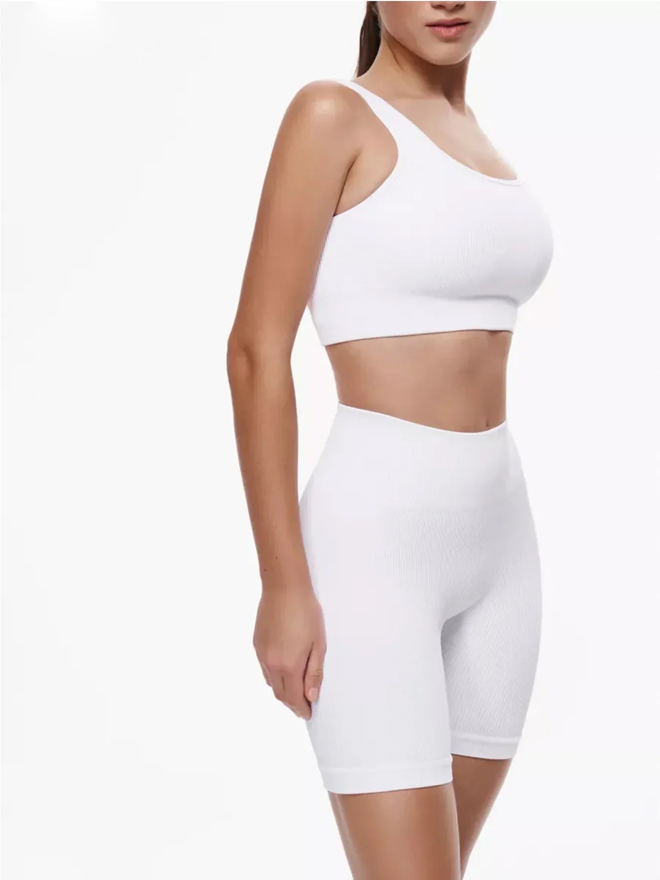 WW | Sommer Weiße Training Kleidung Gerippt Sport Shorts Set Fitness Set Sport Kleidung Damen Yoga Set Nahtlose Hohe Taille Shorts Outfit