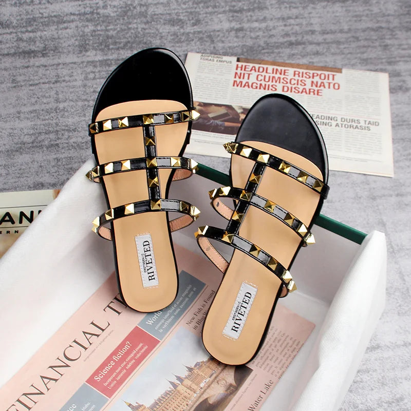 WW | Sommer Frauen Sandalen Damen Freizeit Slipper Flache Schuhe Einfache Stil Mode Nieten Design Gehen und Shoppen Große Größen