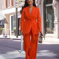 WW | Damen Freizeit Blazer Schicke Oberbekleidung Elegante Schlaghosen Langarm V-ausschnitt Gürtel Büro Pendler Anzug Satz