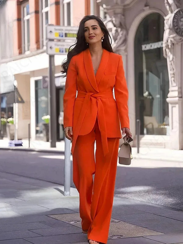WW | Damen Freizeit Blazer Schicke Oberbekleidung Elegante Schlaghosen Langarm V-ausschnitt Gürtel Büro Pendler Anzug Satz