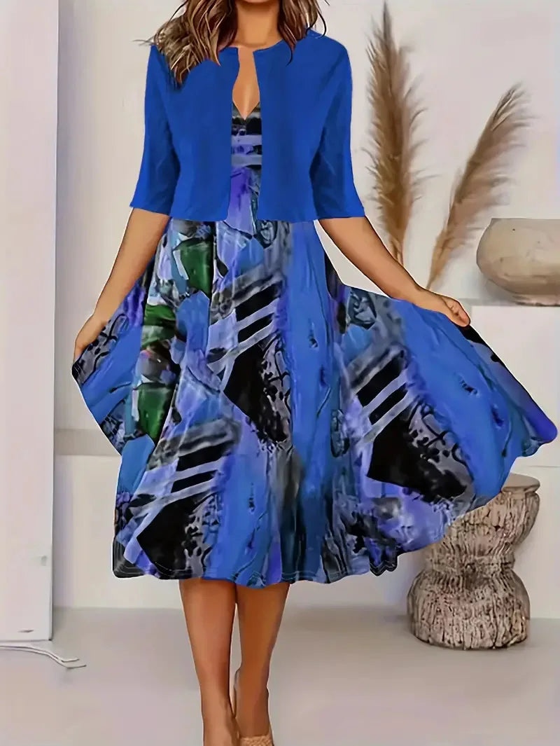WW | Neu für Den Sommer! Eu Us Herbst Frau 2 Lang Kleid Set Blumen und Graspunkt Crew Neck Kleid mit Chiffon Kurzjacke