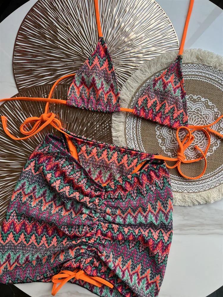 WW | Damen Schwimmbekleidung Farbige Ahornblätter Gestrickter Bikini Rock Dreiteiliges Set Geschnittene Schwimmbekleidung Bikini