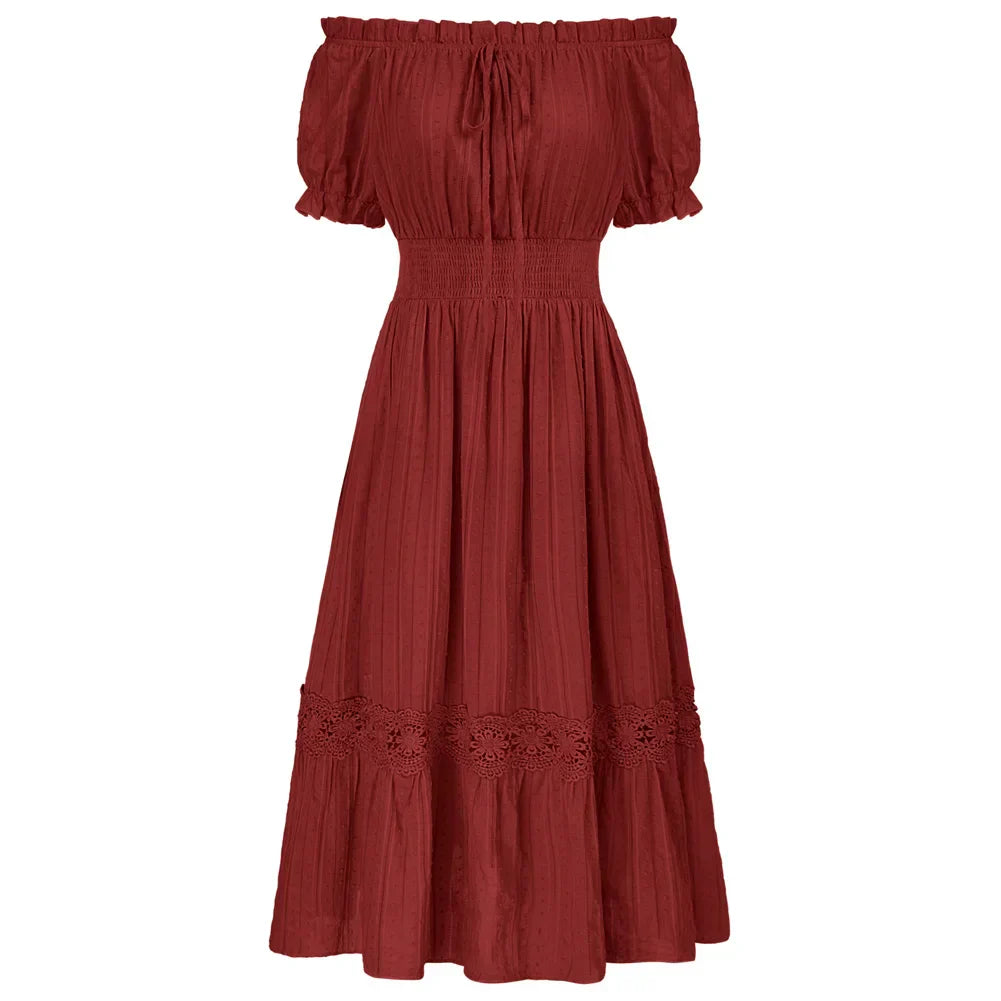 WW | Sd Frauen Renaissance Baumwolle Kleid Sommer Kurzarm Rüsche Off Shoulder Ausgestellt A-Linie Kleid Rüsche Slim Fit Mode Kleider