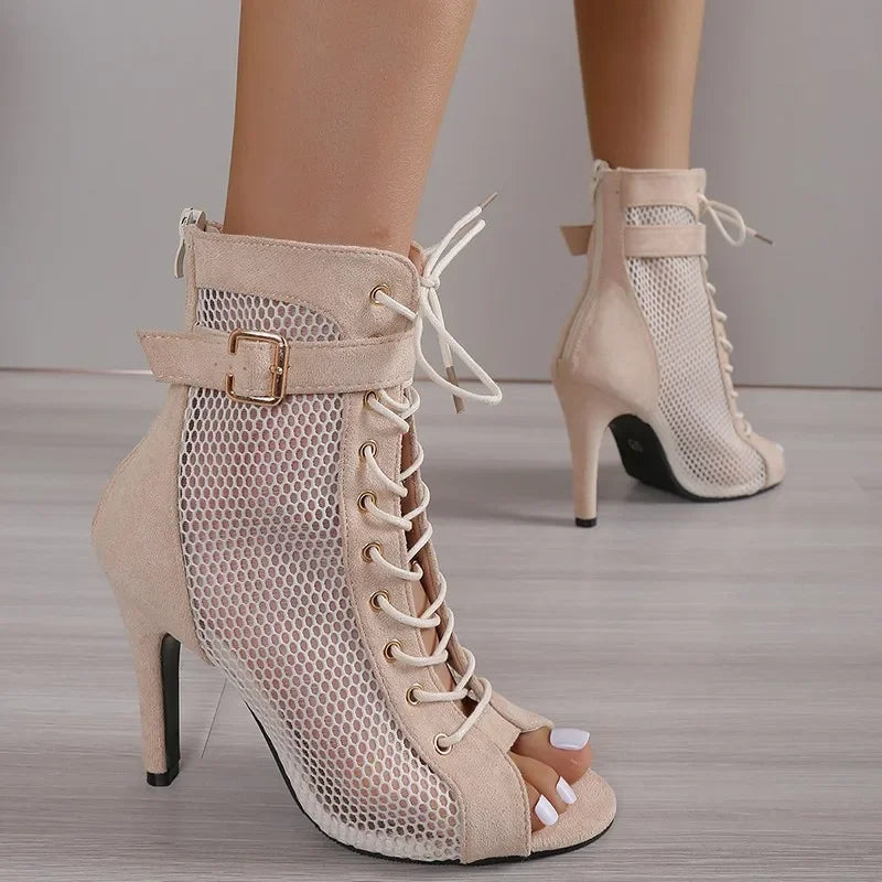 WW | Sandalen Höhle Mesh Absätze Gürtel Schnalle Damen Sommer Beige Schnürsenkel Sexy Offene Zehe Stiletto Jazz Tanz Fest Damenschuhe
