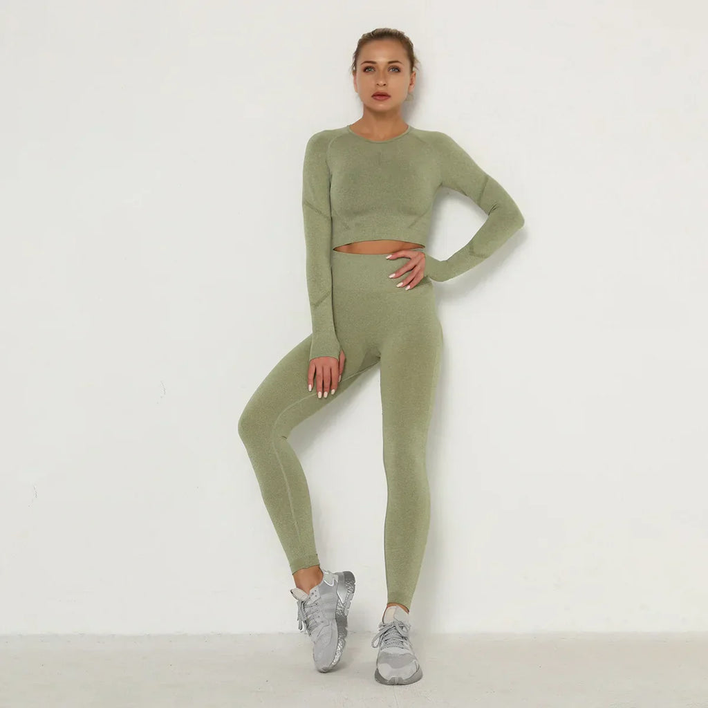 WW | Nahtlose Yoga Sets Frauen Training Sportbekleidung Gym Kleidung Langärmliges Crop Top Hochtaillige Leggings Training Fitness Sportanzüge