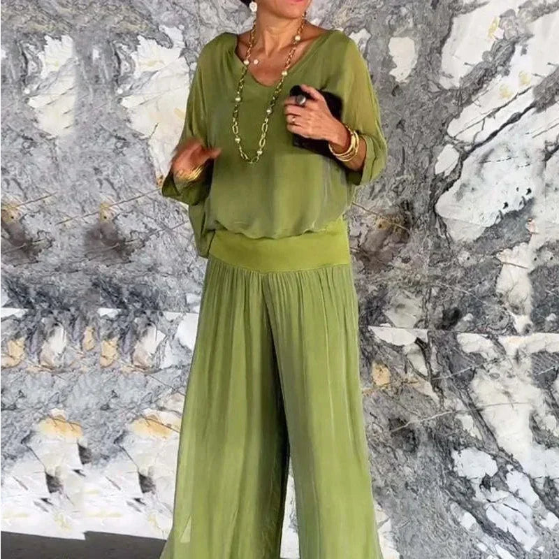 W&W Mode | Elegantes Zweiteiliges Set Aus Chiffonoberteil Und Hose Mit Weitem Bein
