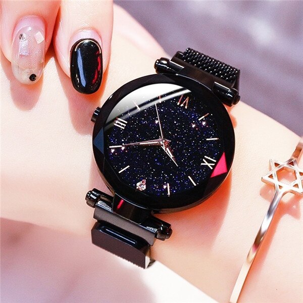 WW Leuchtende Sternenhimmel: Damenmode Sternenhimmel Uhren Magnetische Schnalle Mesh Armband Diamant Quarzuhr Damen Kleideruhr