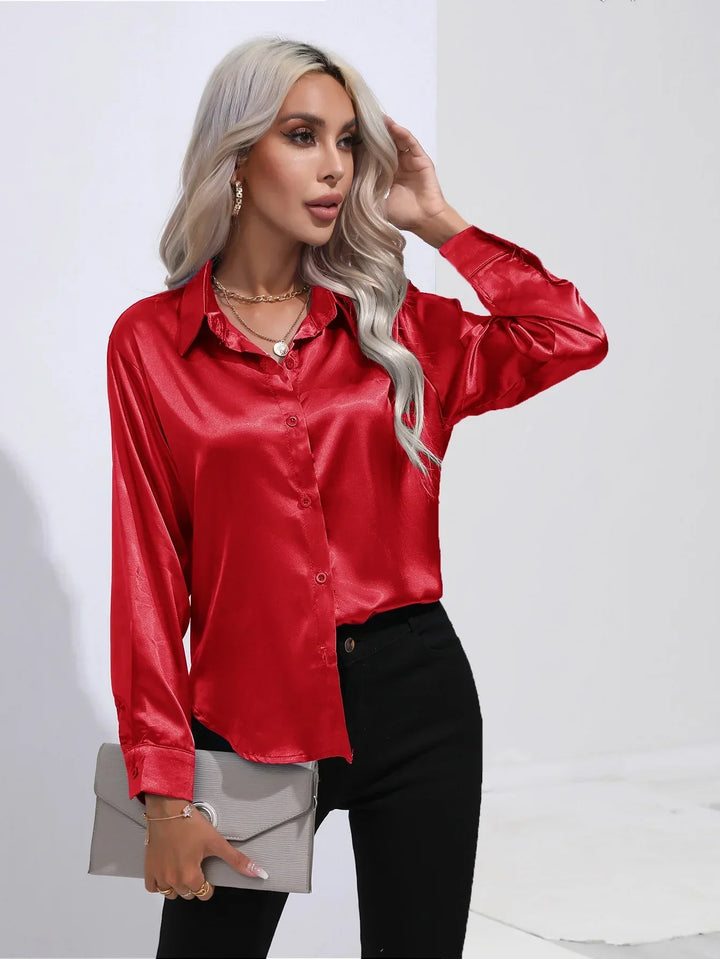 W&W Mode | Elegante Satinbluse Mit V-ausschnitt & Langen Ärmeln