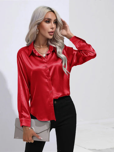 W&W Mode | Elegante Satinbluse Mit V-ausschnitt & Langen Ärmeln