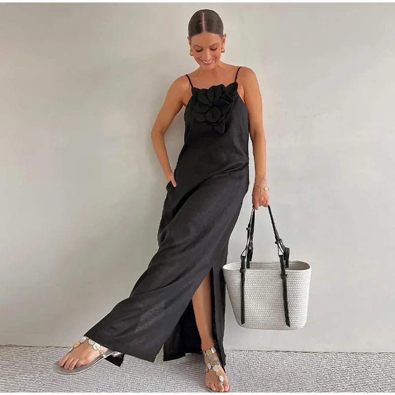 WW | Leinenmix Maxikleid mit Blumen Decoration, Schlitz und Taschen