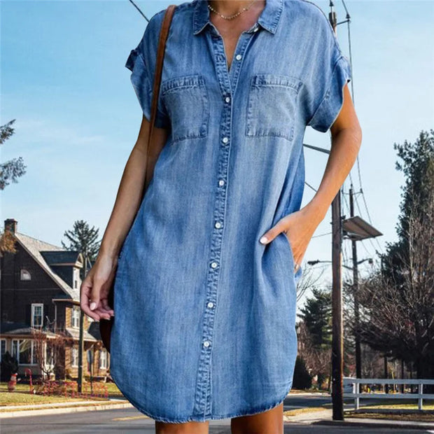 WW | Lässiges Kurzärmeliges Mini Sommerkleid Aus Denim Für Damen Mit Knöpfen