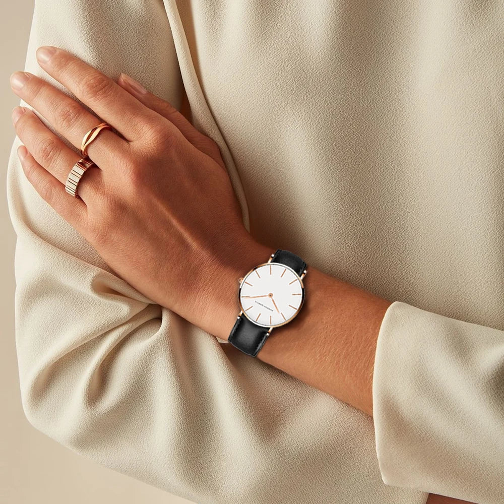 WW | Runde Zeitlose Minimalistische Uhr Mit Lederarmband Für Frauen