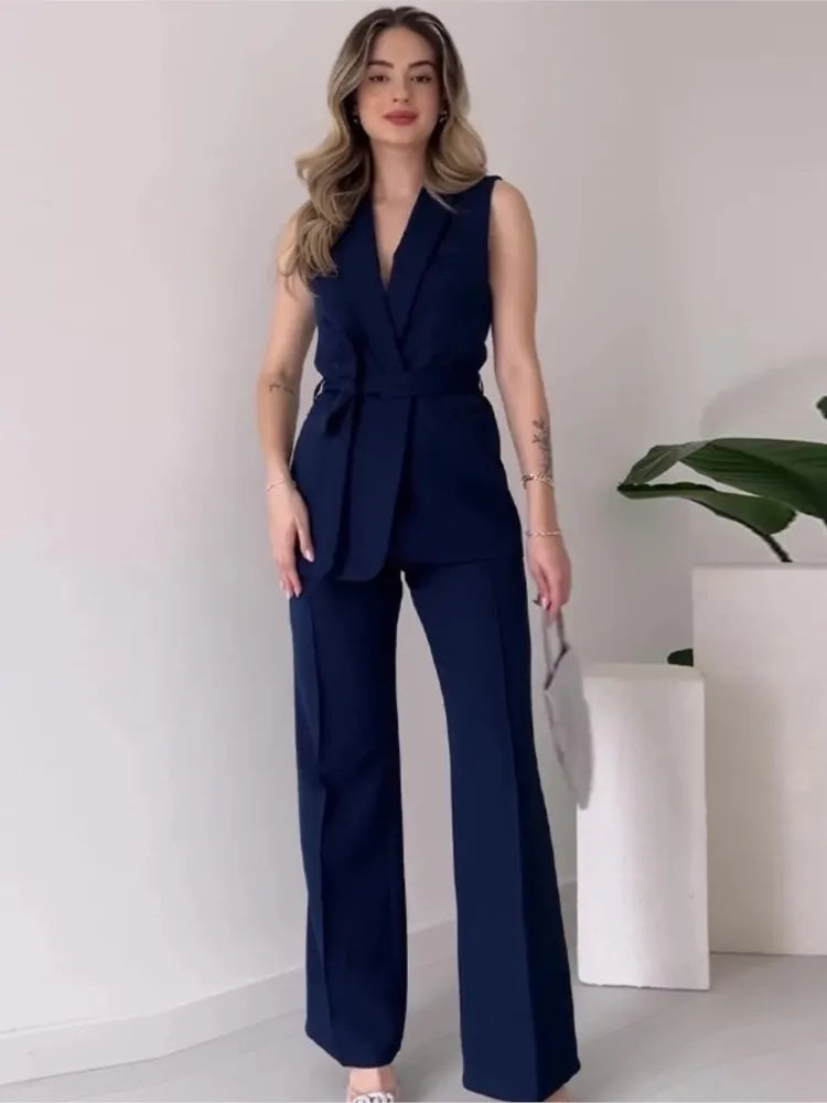 WW | Ärmelloser Blazer-Anzug Taillierte Passform Wickel-V-Ausschnitt Weite Hose