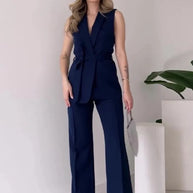 WW | Ärmelloser Blazer-Anzug Taillierte Passform Wickel-V-Ausschnitt Weite Hose