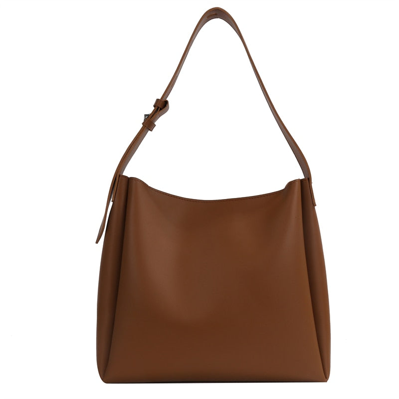 WW Hochwertige Damen Shopper Große Kapazität Schultertasche Reine Farbe Breiter Riemen Weiches PU-Leder