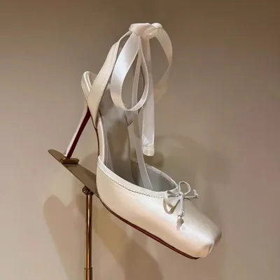 WW | Frauen Schnürhohe Absatzschuhe für Frauen mit Quadratischer Zehe Dünne Absätze Plattform Pumpen Mujer Plissierte Slingback Hochzeit Luxus Sandalen