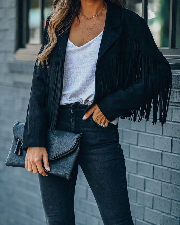 W&W Mode Jugendlicher Wildleder-Jackentrend - Fransen-Cardigan mit Troddelsaum, E-Girl Bikerjacke, 90er Vintage Streetwear, Cooles Design