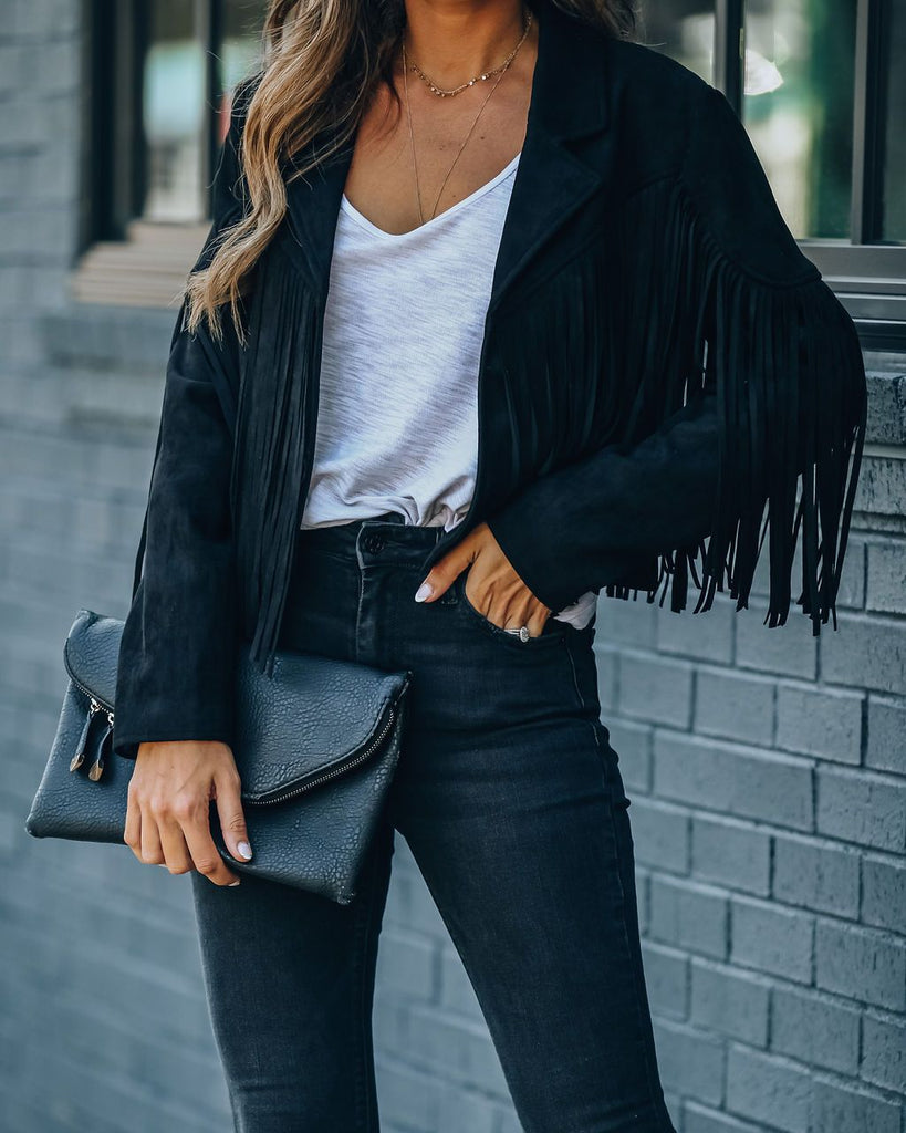 WW Jugendlicher Wildleder-Jackentrend - Fransen-Cardigan mit Troddelsaum, E-Girl Bikerjacke, 90er Vintage Streetwear, Cooles Design