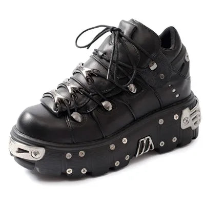 WW | Frauen Ankle Boots für Frauen Dicke Sohle Schnürsenkel Metall Dekoration Runde Zehen Plattform Schuhe Ladeis Punk Gothic Sneakers