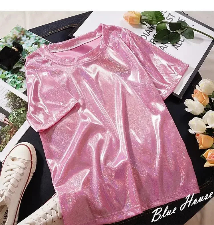 WW | S 5Xl Damen Funkelnd Shiny Metallisch Holografisch Rundhals Kurzarm Lässig Lose Top Festival Party T-Shirt Damenbekleidung