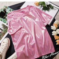 WW | S 5Xl Damen Funkelnd Shiny Metallisch Holografisch Rundhals Kurzarm Lässig Lose Top Festival Party T-Shirt Damenbekleidung