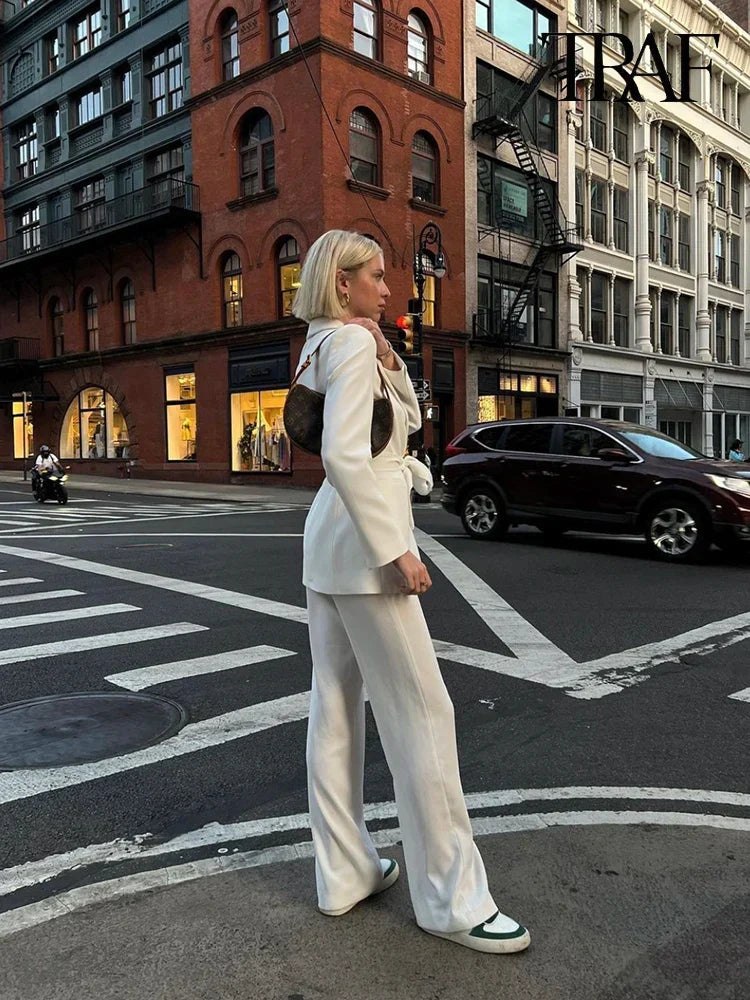 W&W Mode | Damen Freizeit Blazer Schicke Oberbekleidung Elegante Schlaghosen Langarm V-ausschnitt Gürtel Büro Pendler Anzug Satz